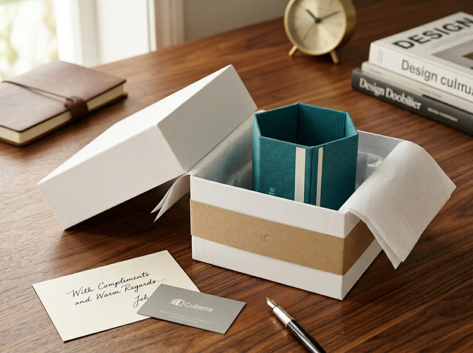 Cubette arranged in a branded corporate gift box