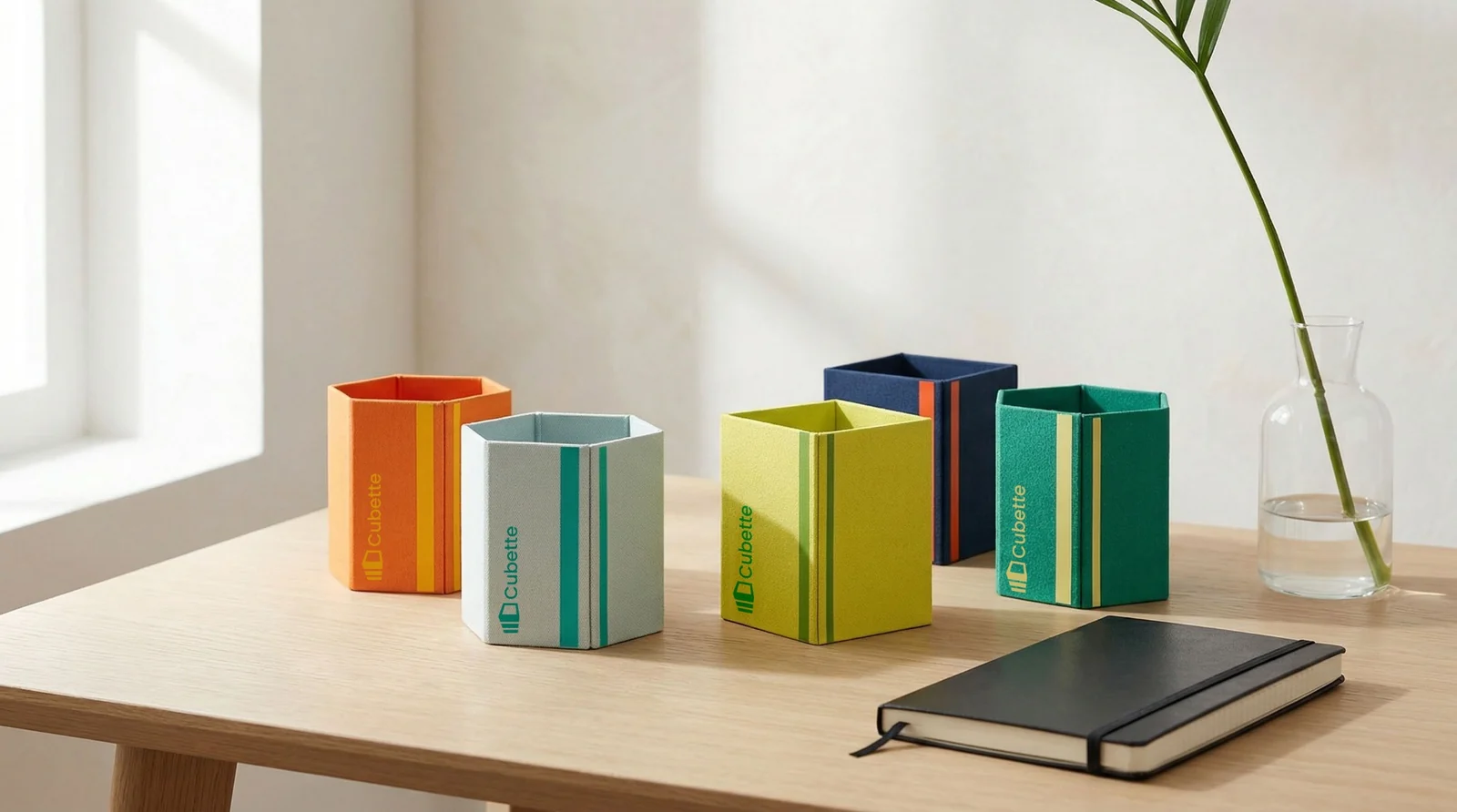 Cubette desk organizers arranged in a calm editorial workspace
