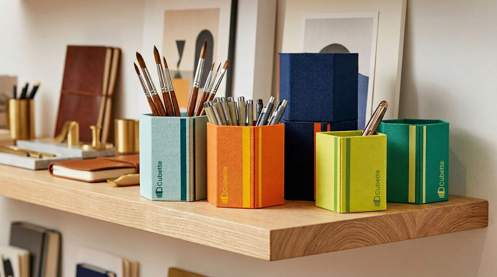 Cubette collection displayed on a refined wood shelf